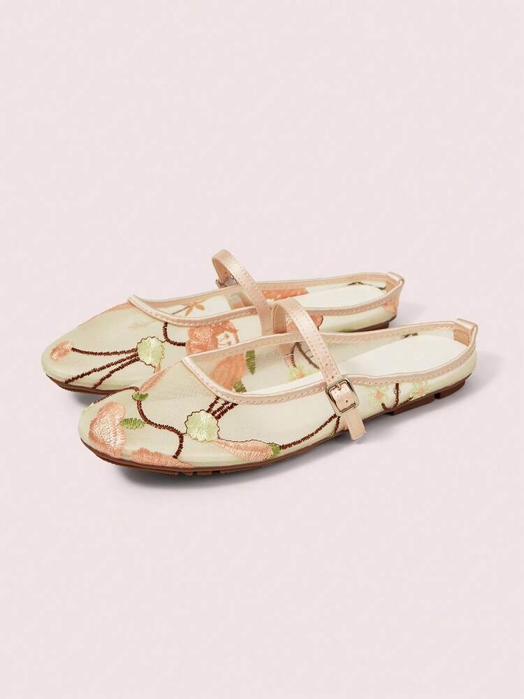 CUCCOO DOLLMOD Women's Shoes, Beige, Flower Embroidered Upper, Exposed Heel, Round Head, Flat Bottom And Half Drag, Sweet, Cute, Comfortable And Casual. - Garden - Powder - View 2