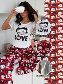 ZzzCrew Betty Boop x SHEIN Casual Cute Women Short Sleeve Pajama Set - White - View 1