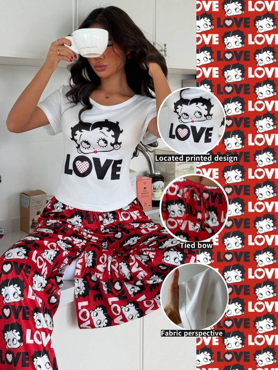 ZzzCrew Betty Boop x SHEIN Casual Cute Women Short Sleeve Pajama Set - White - View 1