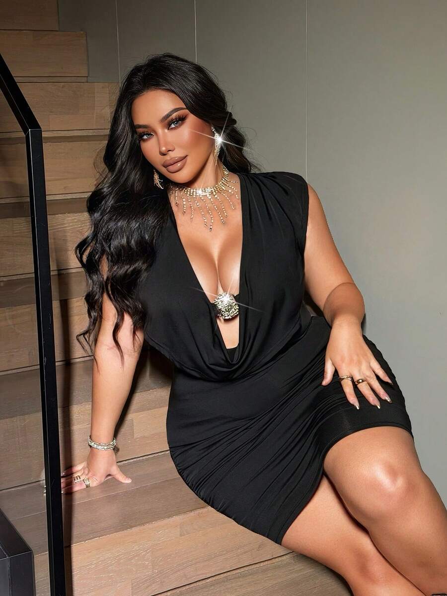 NU&NOW Plus Size Deep V Cowl Neck Ruched Bodycon Mini Dress, Sleeveless Rhinestone Detail Party Club Dress For Women 2026 - Black - View 1