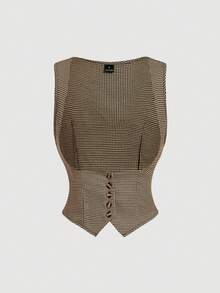 SHEIN MOD 女款格紋單排釦低領背心與長褲套裝 - 棕色 - 查看 7
