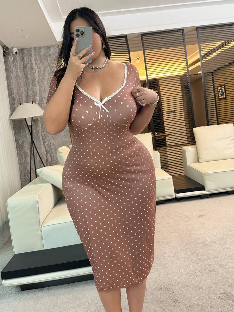 Dazy Plus Fashionable Polka Dot Contrast Lace Casual Blogger Sexy Brown Solid Plus Size Knee-Length Dress For Spring & Summer
