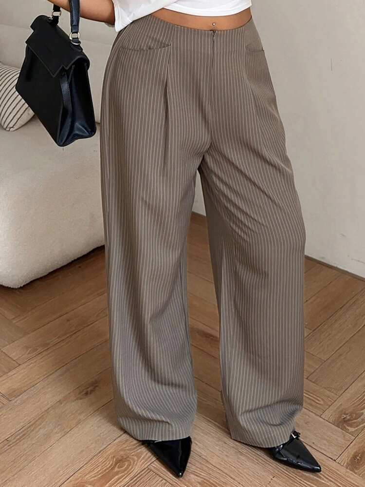 Dazy Plus Plus Size Women's Casual Striped Zip-Up Waist Versatile Commuter Business Leisure Pants, Brown, Spring/Summer