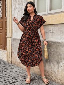 SHEIN LUNE Plus Size Casual Ditsy Floral Dress - Black - View 5