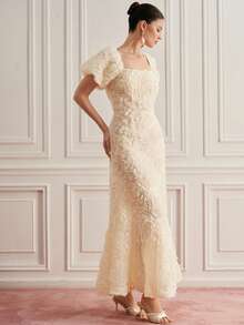 SHEIN Zanirela Elegant Puff Sleeve Floral Decor White Summer Dining Dinner Beach Date Dress Sweet Square Neck Birthday Party Bodycon French Ladylike Embellished - Apricot - View 6