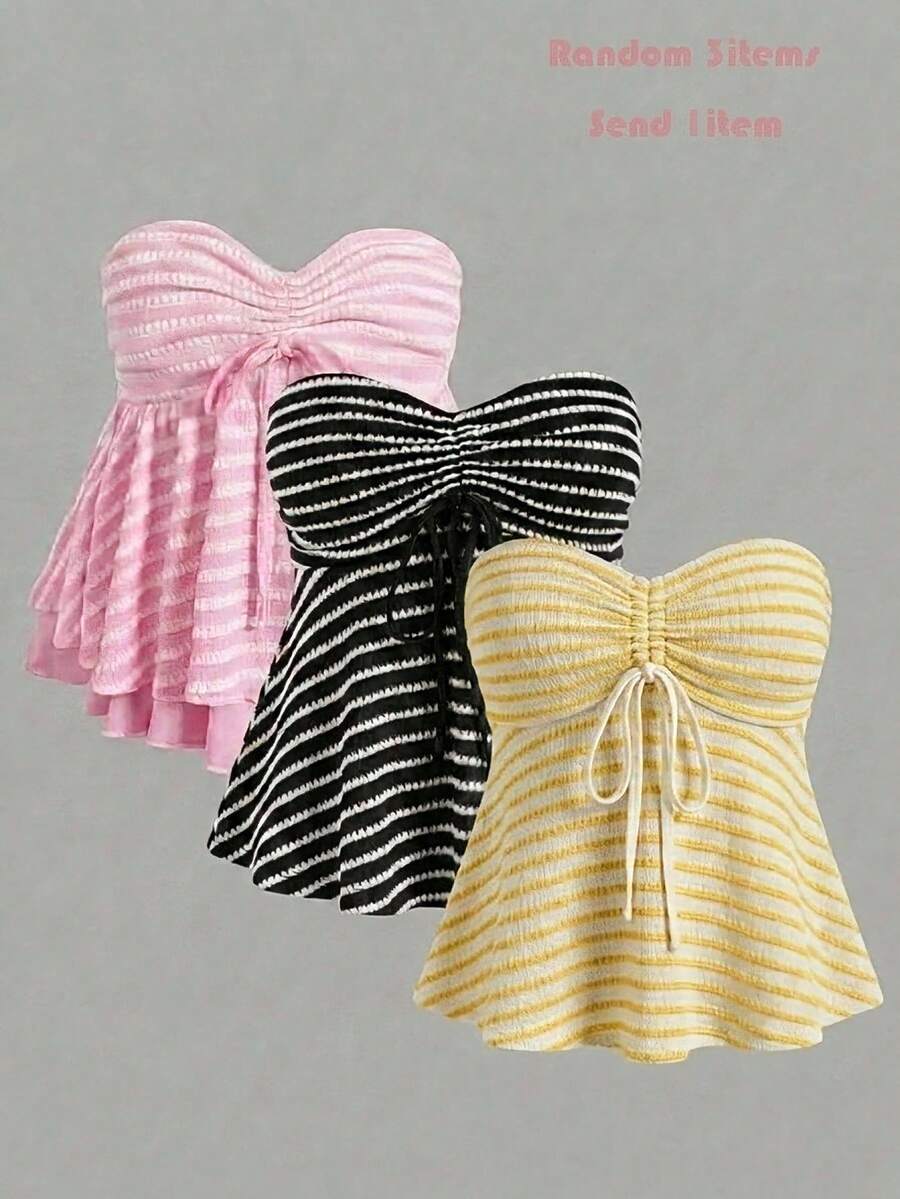 SHEIN Tween Girl Summer Pink Knit Jacquard Striped Ruched Bandeau Top Tween Girl - Pink - View 1
