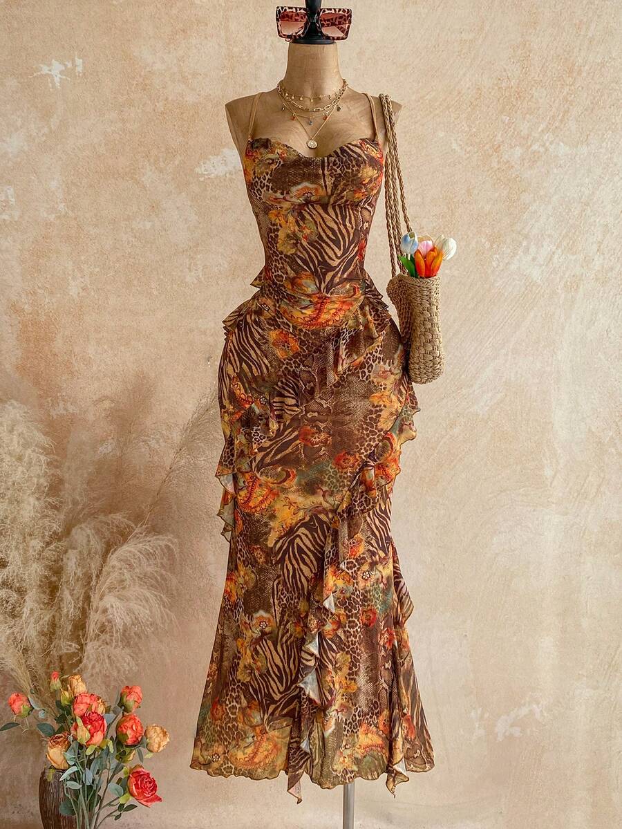 Soleia 女款彩色復古花卉印花垂領分層荷葉邊裙擺洋裝，度假風 - 咖啡棕 - 查看 1