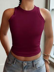 leahseptember 女款夏季修身素色細肩帶背心休閒上衣 - 紅木色 - 查看 3