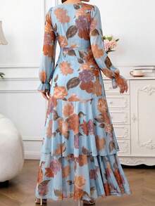 2026 Nuevo vestido largo de moda con estampado floral, volantes en el bajo, cintura ceñida y gran elasticidad, vestido de vacaciones, vestido plisado, vestido floral para mujer - Celeste - Ver 3