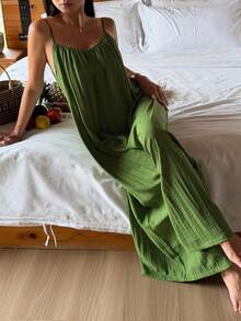 Livesso Women's Solid Color Pleated Summer Casual Camisole Jumpsuit Loungewear Pajamas - Green - View 1