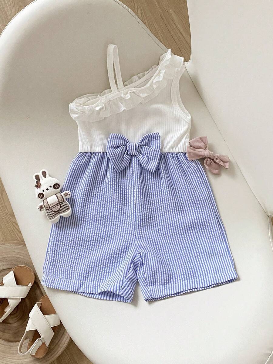 SHEIN Baby Girls' Fashion Elegant Asymmetric Shoulder Floral Bow Romper, Summer - Blue and White - View 1