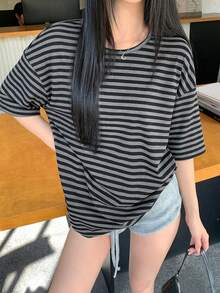DAZY 春夏秋款女式寬鬆休閒街頭風灰色細條紋拼色拼接基礎款音樂節度假風長短袖T恤 - 灰色 - 查看 5