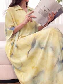 Al Najma Tie Dye Color Loose Fit Short Sleeve Polo Collar Dress, Spring/Summer - Yellow - View 1