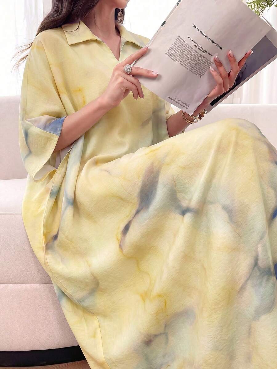 Al Najma Tie Dye Color Loose Fit Short Sleeve Polo Collar Dress, Spring/Summer - Yellow - View 1
