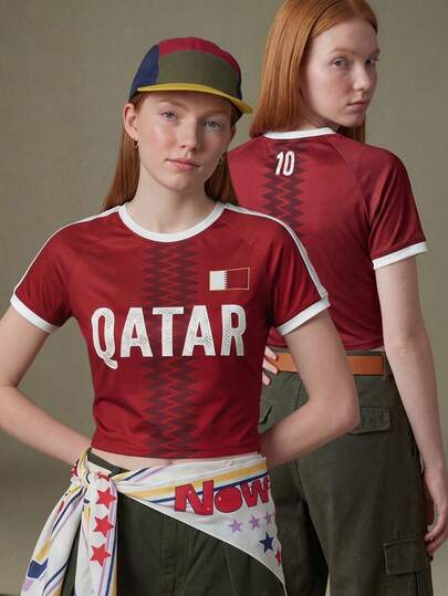Elnivra 2026 Football World Cup Qatar Soccer Jersey Style Women's Cropped T-Shirt, Retro Graphic Streetwear White Football Fan Top, Team Qatar Supporter