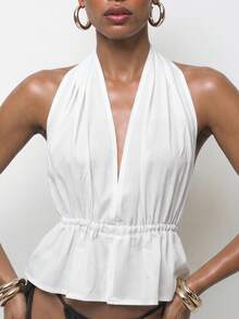 Maija Women's Vacation Ruffle Hem Deep V Halter Neck Cover-Up Top - White - View 5