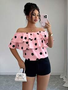 Elenzga Women's Sweet French Polka Dot Print Layered Ruffle Off-Shoulder Blouse - Pink - View 4