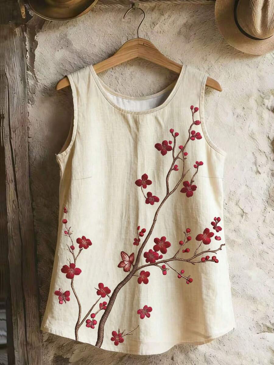 EMERY ROSE 新款亚麻棉印花无袖衬衫,适合海滩、日常穿着和度假。 - 彩色 - 查看 1