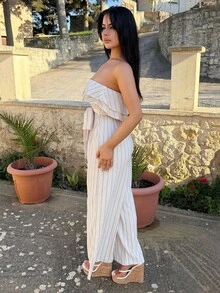 Vassilux 女士条纹荷叶边下摆抹胸连体衣，休闲度假风格 - 杏色 - 查看 4