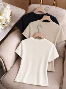 Qadelle Women's Solid Color Round Neck Short Sleeve Casual Versatile T-Shirt, Summer - Multicolor - View 2