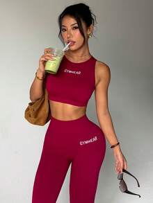 SHEIN Dewbera 女士字母印花上衣和紧身裤休闲运动套装 - 酒紅色 - 查看 4