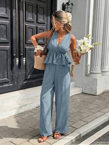 Serisse Women's Vacation Casual Striped Drawstring Waist Tank Top And Pants 2 Pieces Set - Mint Green - View 4
