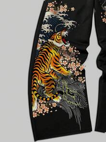 ROMWE MEN Goth Men's Casual Fashion Street Vacation Style Tiger, Dragon, Cherry Blossom Print Drawstring Waist Loose Wide Leg Sweatpants - Black - View 7