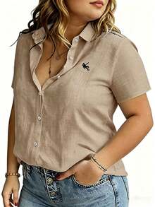 Linhara CURVE Large-Sized Woven Embroidered Casual Summer Shirt For Vacation - Apricot - View 6