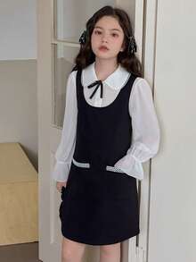 Dazy Kids Tween Girls' Loose Waist Peter Pan Collar Princess 2 In 1 Dress, Plus Size - Black - View 6