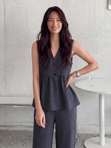 EMERY ROSE V-Neck Ruched Ruffle Hem Sleeveless Vest Buttoned Shirt And Elastic Waist Wide Leg Pants Set, Woven Striped Fabric, Casual Relaxed Elegant Commuter Resort Style For Spring/Summer Women - Multicolor - View 7