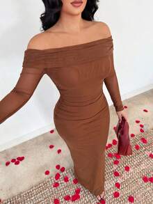 SHEIN SXY 棕色露肩優雅洋裝 - 棕色 - 查看 4