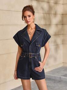 Selenza Đồ liền thân denim nữ dáng rộng thoải mái có thắt lưng eo - Rửa tối - Xem 7