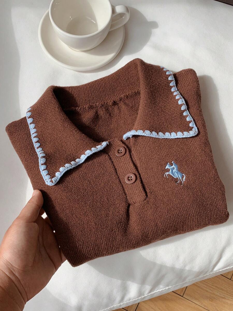 Comfortcana 女款對比飾邊刺繡休閒針織上衣,百搭日常穿著 - 咖啡棕 - 查看 1