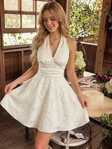 SHEIN MOD Women's Elegant White Summer Jacquard Backless Tie-Knot Mini Dress,Halter Neck A-Line Floral Dobby Detail Ruched Waist Retro Dress For Party Date - Apricot - View 1