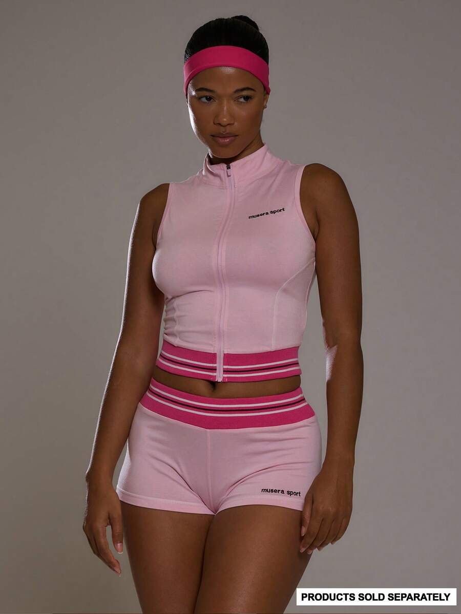 Musera Sport Top activo sin mangas con contraste de cintura acanalada, para deportes, entrenamiento, gimnasio, pilates, fitness, correr diariamente, casual - Rosa Pálido - Ver 1
