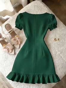 SHEIN Franclia Women's Pearl Collar Short Sleeve Square Neck Casual Slim A-Line Dress, Elegant Solid Color, Suitable For Guests, Banquets, Birthdays, Parties, Summer & Autumn, Apricot Color - Green - View 2