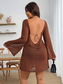 Enliva Đầm ôm dáng xòe tay loe hở lưng màu nâu, chất dệt kim mỏng nhẹ xuyên thấu, phong cách Boho hiện đại đô thị Y2K retro sexy cho nữ size lớn, đi biển nghỉ dưỡng - màu nâu - Xem 2