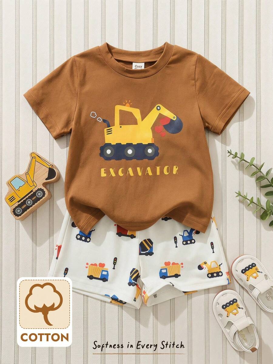 Cozy Pixies 2件套婴儿/幼儿可爱卡通针织柔软舒适夏季T恤和短裤套装,休闲装 - 卡其色 - 查看 1