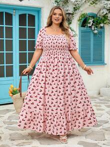 SHEIN CURVE+ Curve 尺码 US22 音乐节、海滨度假、波西米亚浪漫碎花连衣裙，适合海滩度假、毕业季、波西米亚风假日、沙滩裙、度假装扮 - 彩色 - 查看 4