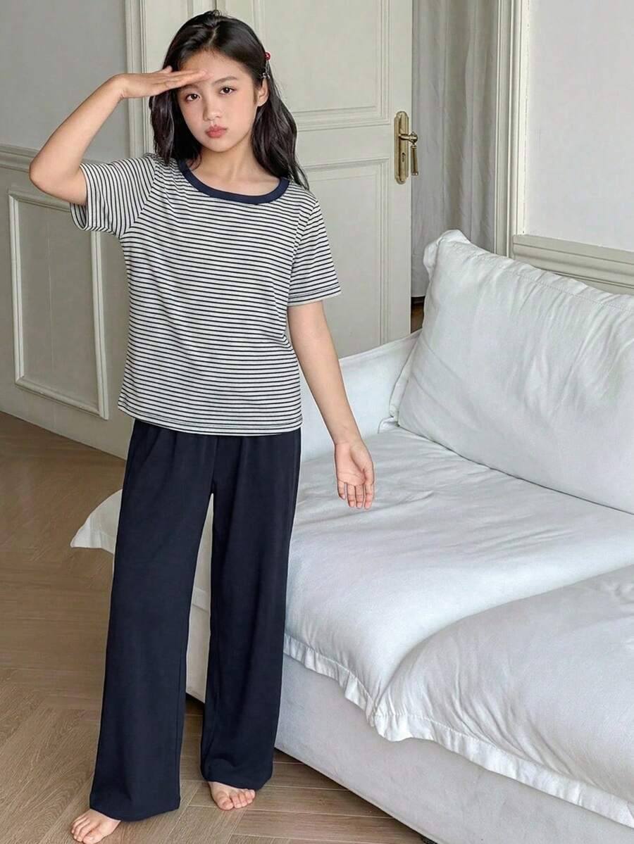 DAZY Striped Top + Straight Leg Pants 2pcs Set, Casual Homewear For Big Tween Girls Summer - Navy Blue - View 1