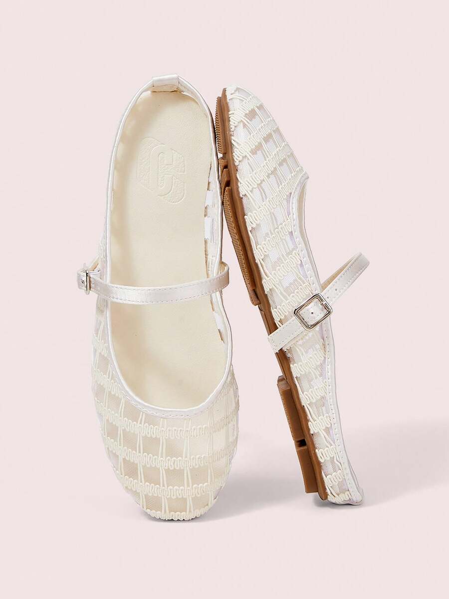 CUCCOO DOLLMOD Women's Shoes, Beige, Striped Embroidered Upper, Exposed Heel, Round Toe, Flat Bottom, Sweet, Cute, Comfortable And Casual. - Curve - Apricot - View 1