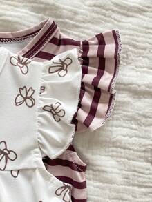 Newborn Simple Elegant Pink & Brown Striped And White Butterfly Print Sweet Cute Ruffle Trim Long Sleeve Casual Comfortable Romper Jumpsuit 2-Piece Set - Pink - View 5