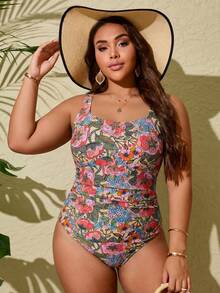 Swim Lushoire Plus Size One-Piece Random Floral Print Ruched Belly Scoop Neck Swimsuit, Suitable For Summer Vacation And Beach - Multicolor - View 4