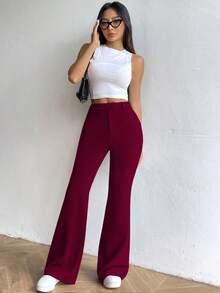 Flirla 女款純色休閒優雅百搭日常穿著長褲 辦公室正式商務風 酒紅色 秋季 - 酒紅色 - 查看 7