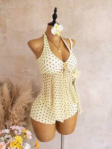 Bellisia Đồ bơi tankini cổ yếm thanh lịch kiểu Pháp Swim Chic Sea với trang trí kim loại và phối lưới, phong cách đi nghỉ dưỡng - Màu vàng ngỗng - Xem 4