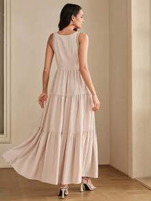 Anewsta Elegantes Sommerkleid mit tiefem V-Ausschnitt, Spitzeneinsätzen und bestickter Blumenapplikation - Aprikosenfarben - Übersicht 2
