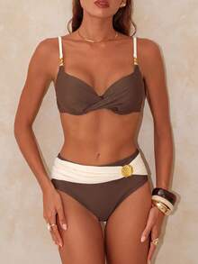 Swim Chiccia Women's Solid Color Underwire Bikini Set With High Waist Bottoms, Spring/Summer - Coffee Brown - View 1