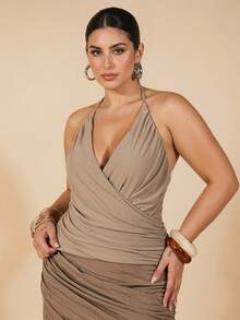 SHEIN BAE CURVE Women's Plus Size Brown Summer Halter Neck Ruched Top Classy Elegant Night Wrap Design Sleeveless Solid Color Deep V Neck Mini Dress Lingerie - Camel - View 4