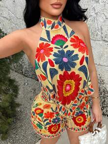 SHEIN SXY Top halter con estampado de vacaciones estilo bohemio amarillo mostaza - Mostaza Amarilla - Ver 3
