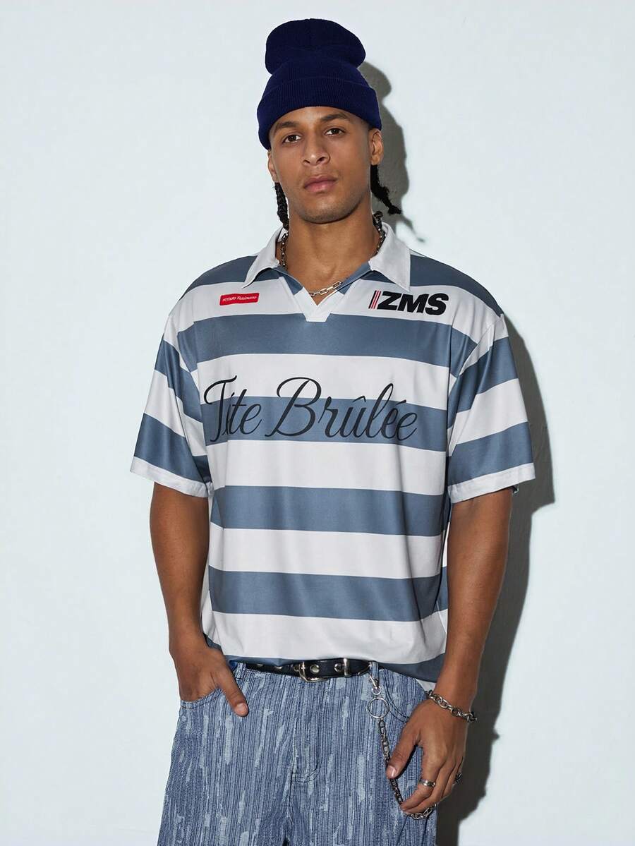 Men's Wide Stripe Rugby Polo Shirt, Contrast Collar, Collegiate Style, Casual Summer T-Shirt, Comfortable - View 1